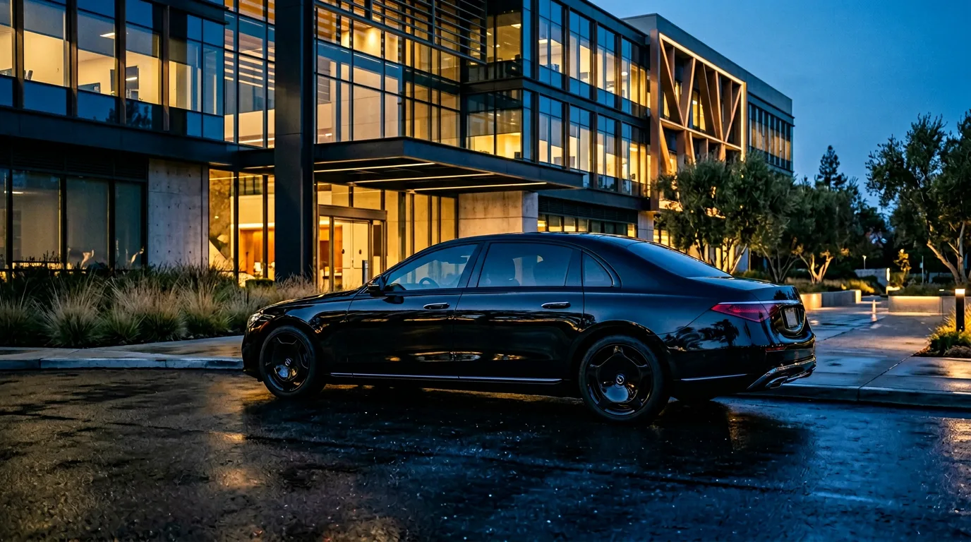 Black executive luxury sedan at a Silicon Valley corporate campus