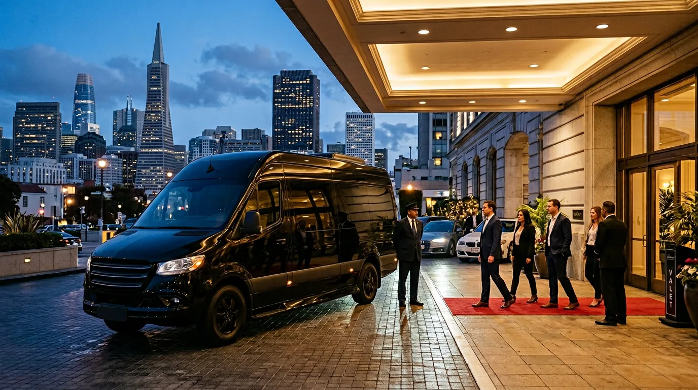 Black executive Sprinter-style van at a luxury hotel entrance