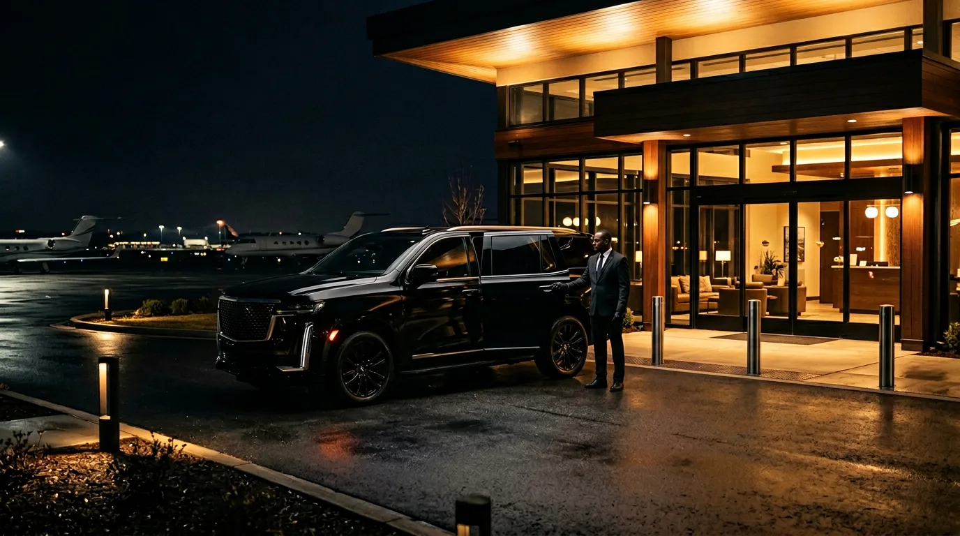 Black luxury SUV waiting at a private aviation FBO